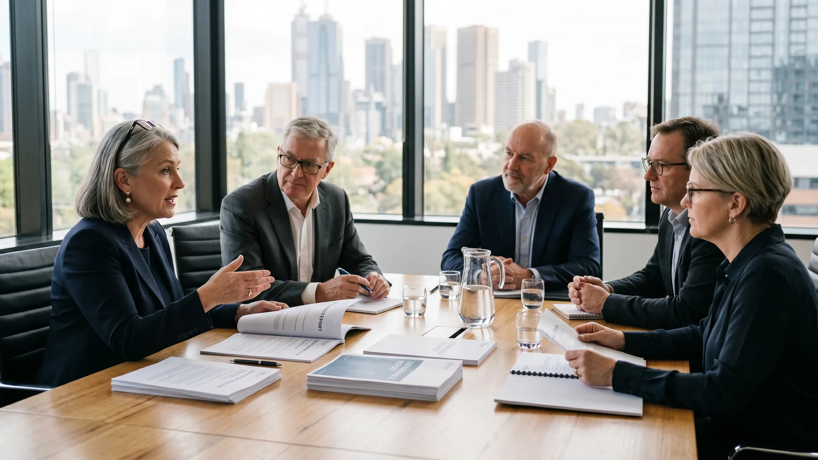 Australian board members reviewing AI governance documentation in a meeting room