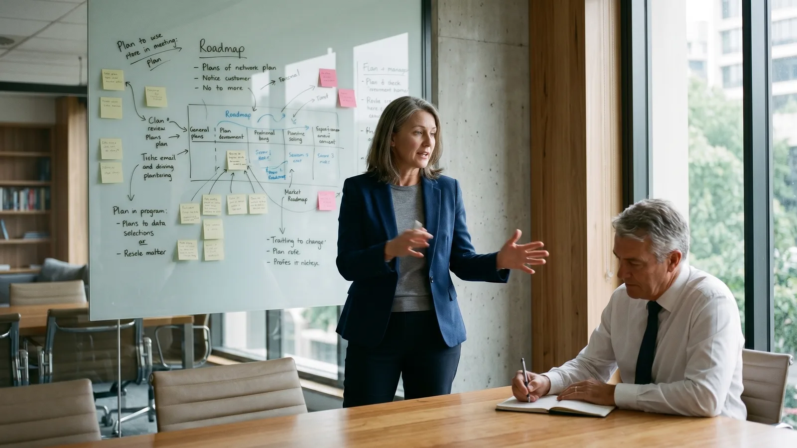 Senior consultant and Australian executive working through an AI roadmap on a whiteboard