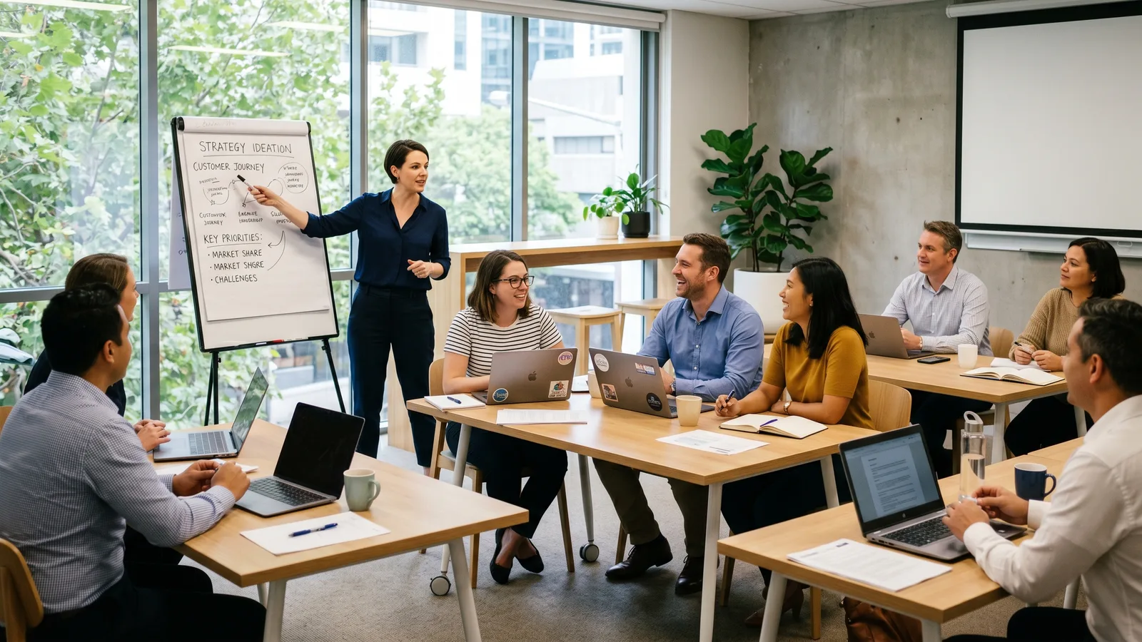 Australian team participating in a hands-on AI workshop with laptops in a meeting room