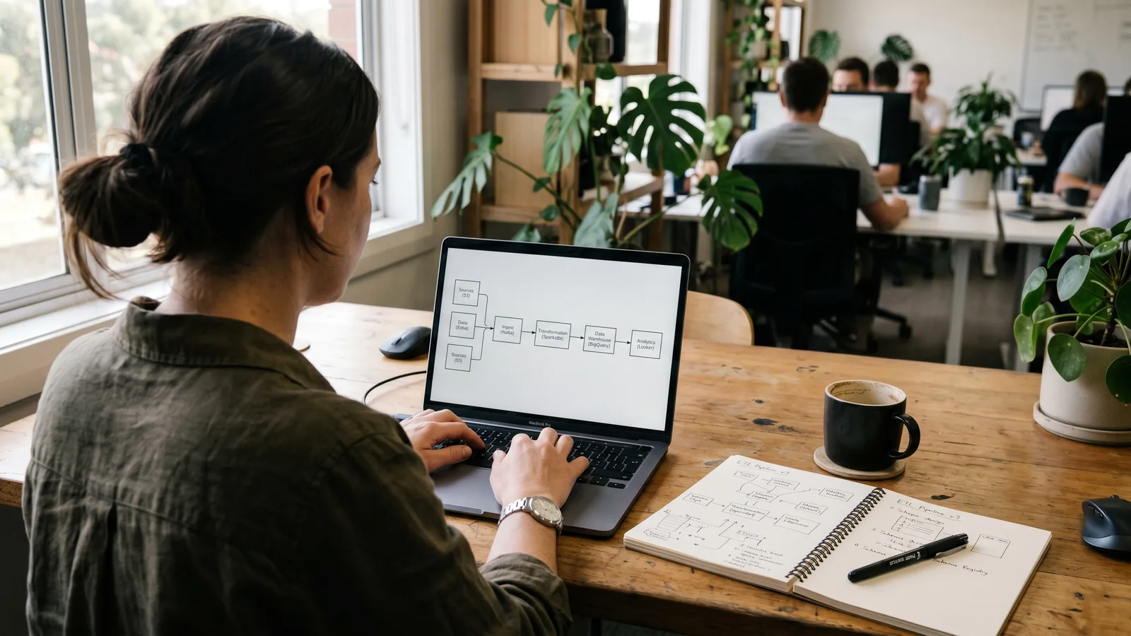 Data engineer and consultant reviewing data flow diagrams on a laptop in an Australian office