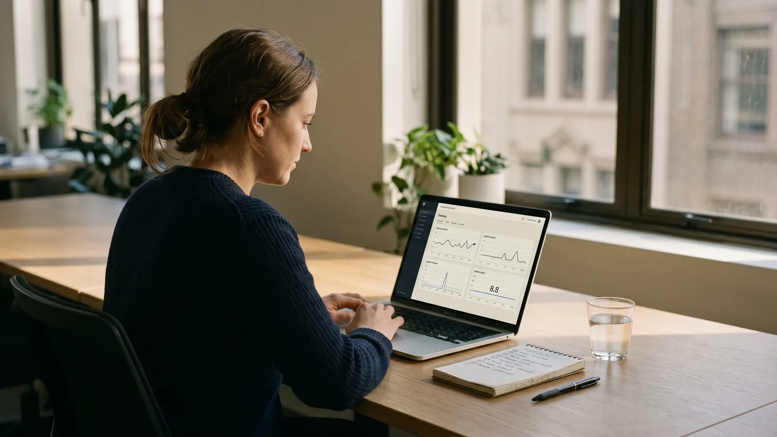 Operations engineer monitoring AI system performance dashboards in a calm, focused setting